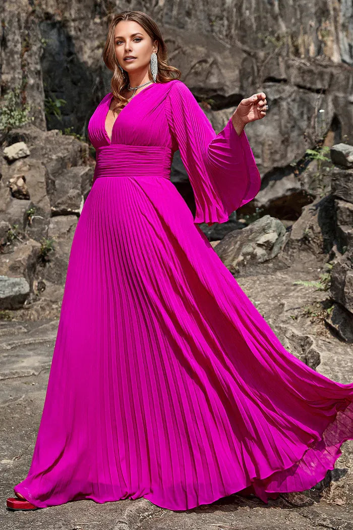 Weitese Dress A Line Deep V Neck Dark Fuchsia Plus Size Party Dress With Long Sleeves Prom Dress