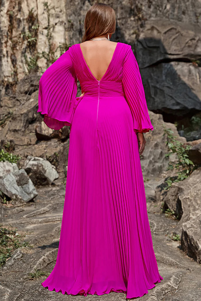 Weitese Dress A Line Deep V Neck Dark Fuchsia Plus Size Party Dress With Long Sleeves Prom Dress