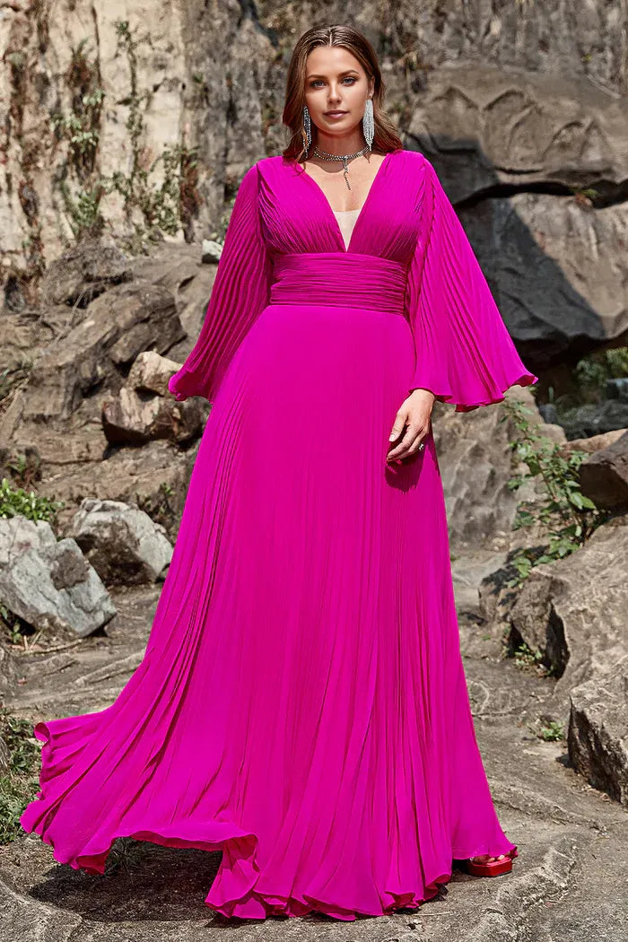 Weitese Dress A Line Deep V Neck Dark Fuchsia Plus Size Party Dress With Long Sleeves Prom Dress