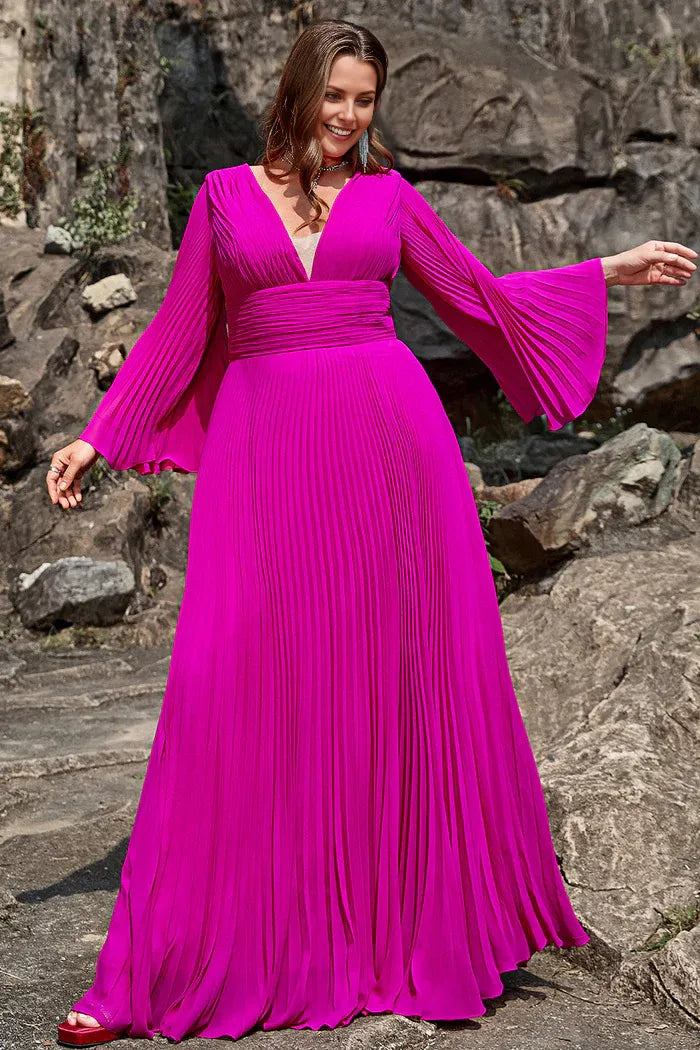 Weitese Dress A Line Deep V Neck Dark Fuchsia Plus Size Party Dress With Long Sleeves Prom Dress