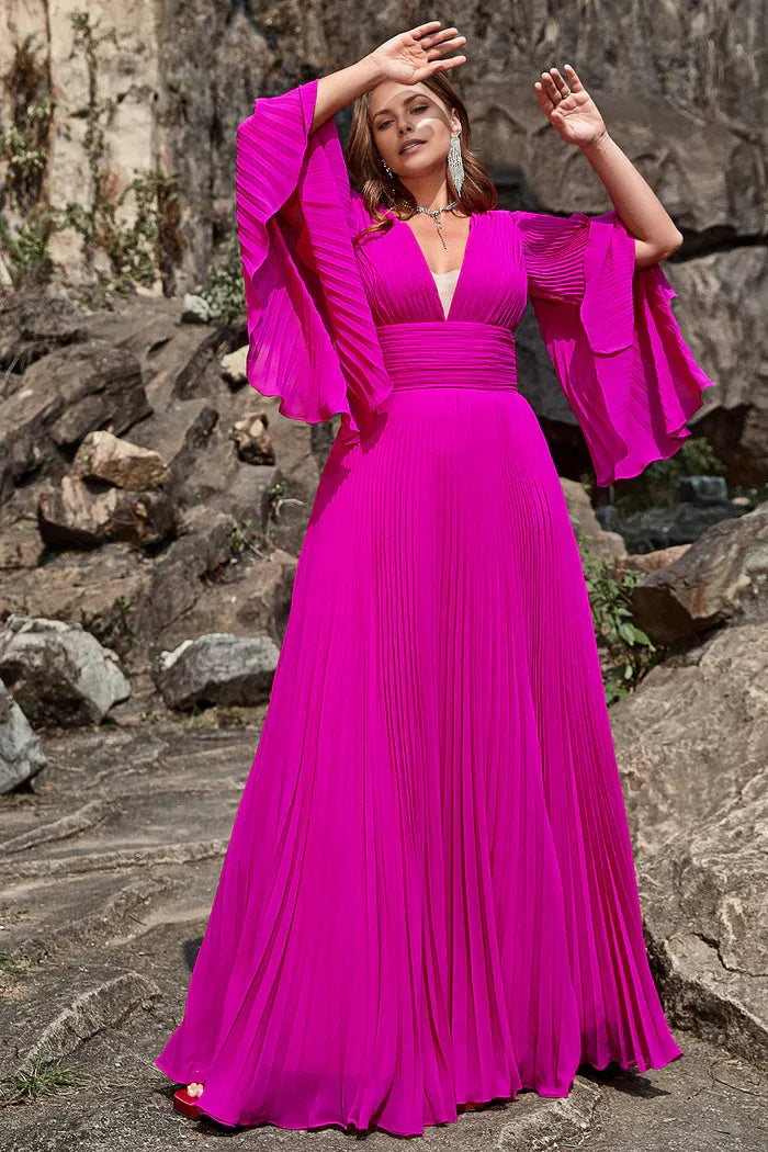 Weitese Dress A Line Deep V Neck Dark Fuchsia Plus Size Party Dress With Long Sleeves Prom Dress