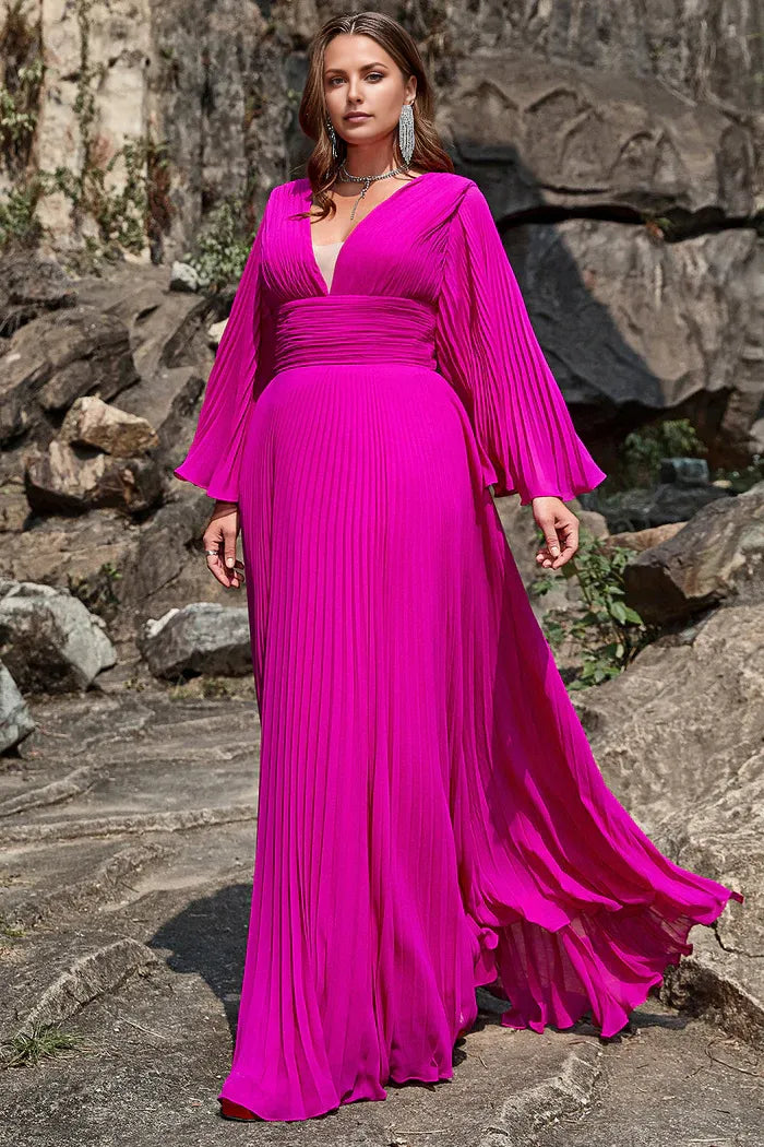 Weitese Dress A Line Deep V Neck Dark Fuchsia Plus Size Party Dress With Long Sleeves Prom Dress