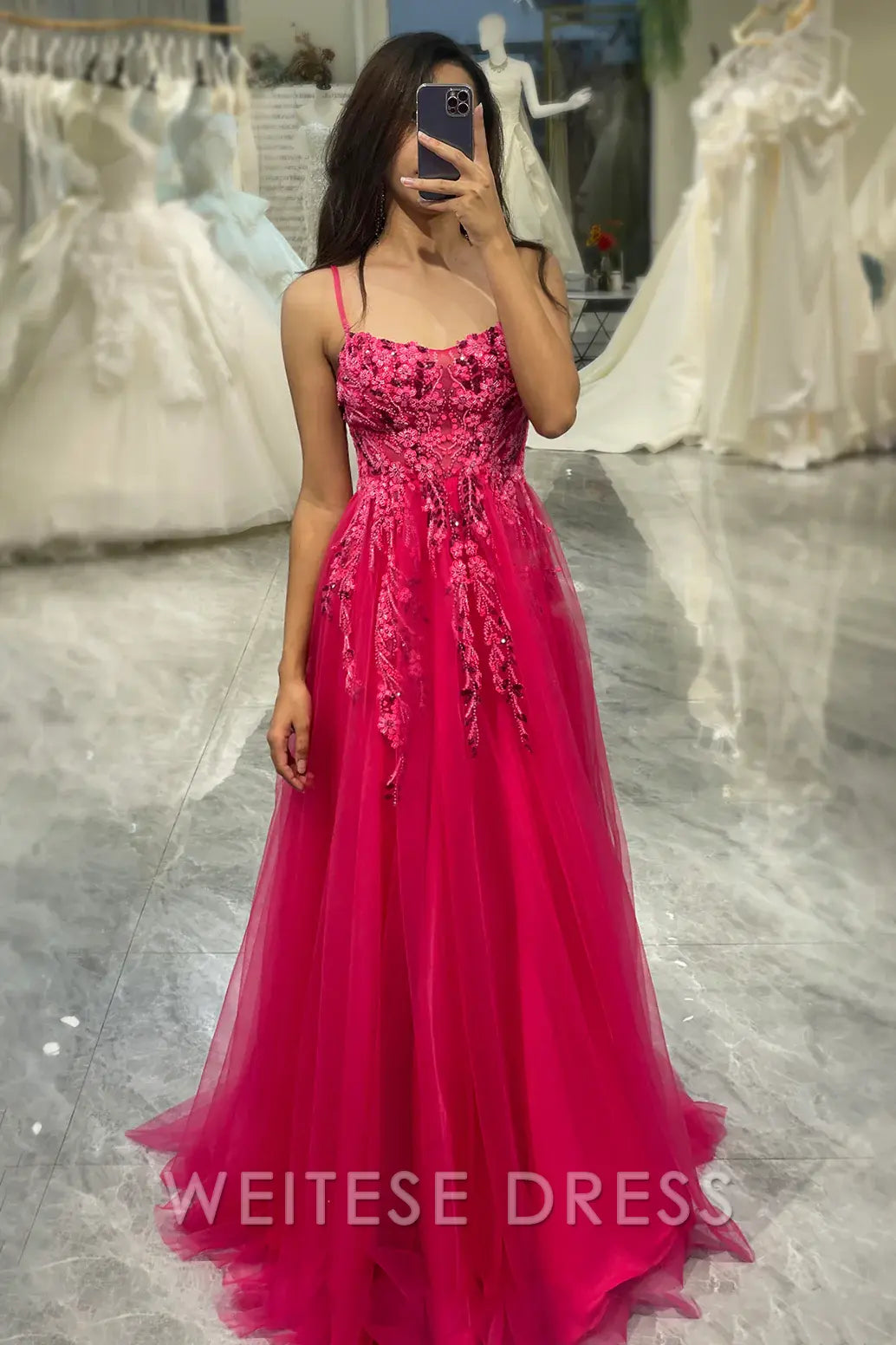 Weitese Dress A Line Fuchsia Spaghetti Straps Tulle Long Prom Dress With Appliques