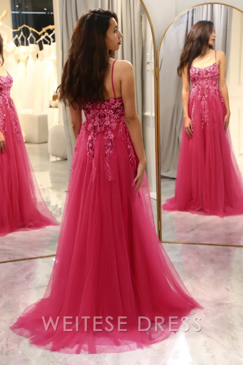 Weitese Dress A Line Fuchsia Spaghetti Straps Tulle Long Prom Dress With Appliques