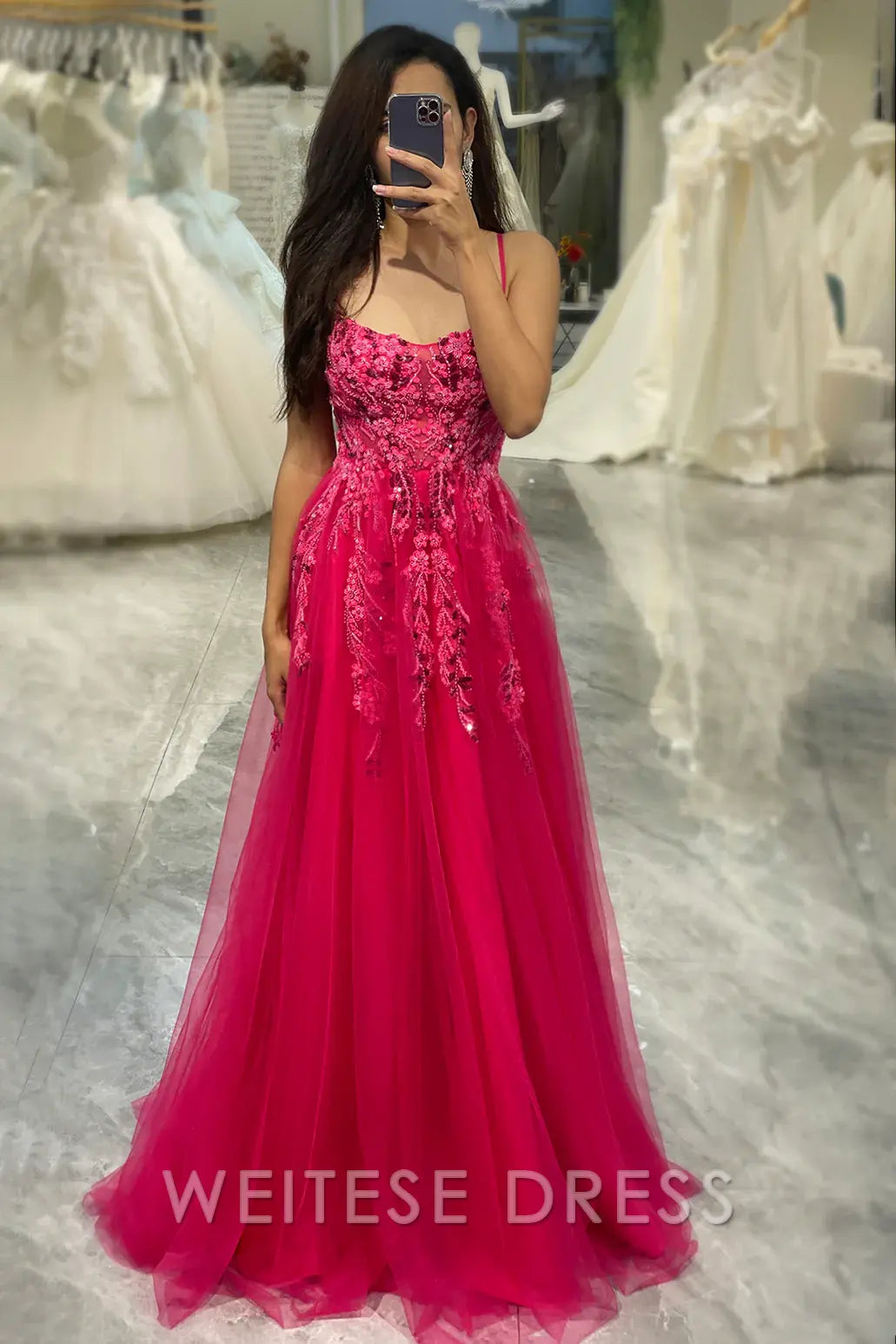 Weitese Dress A Line Fuchsia Spaghetti Straps Tulle Long Prom Dress With Appliques