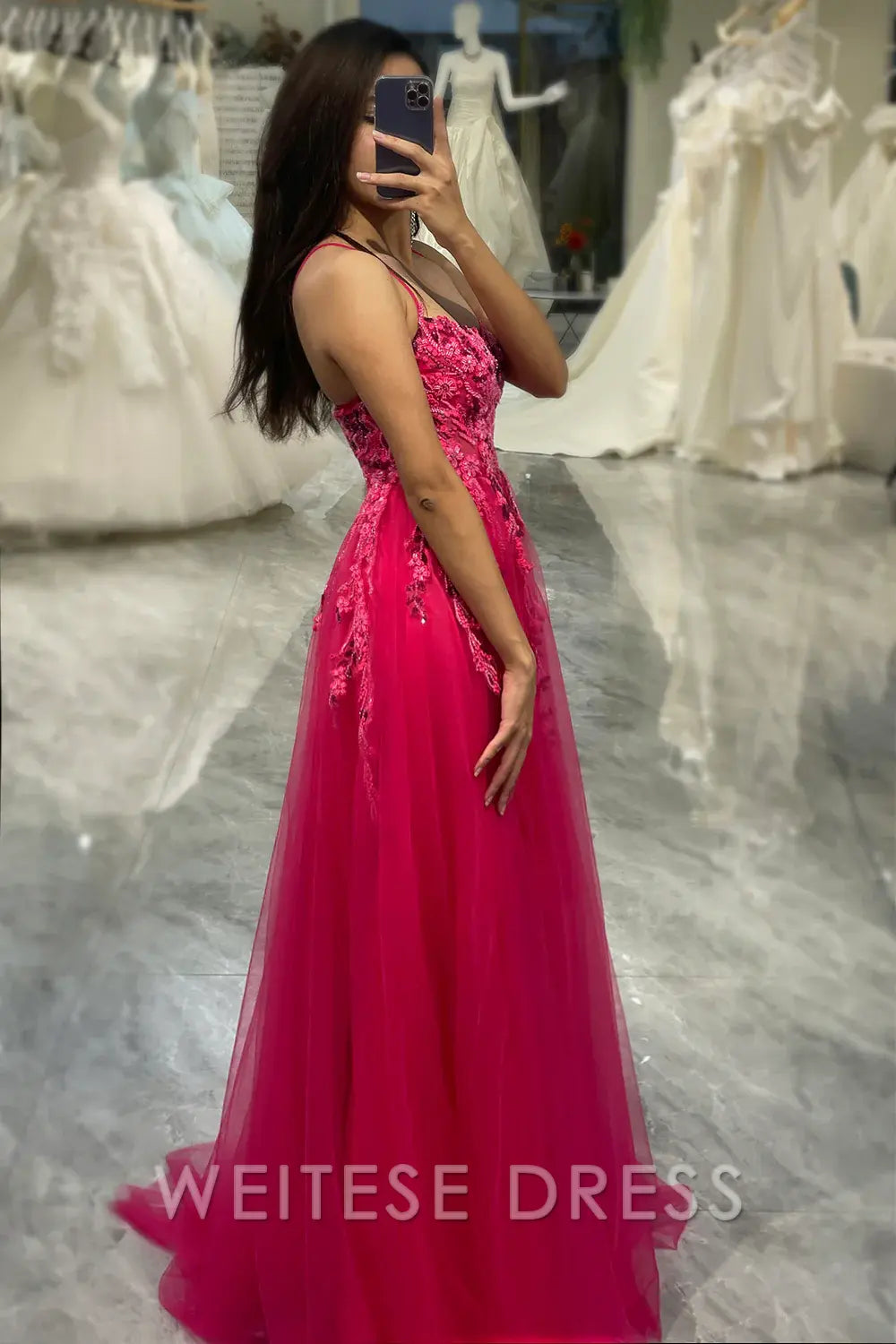 Weitese Dress A Line Fuchsia Spaghetti Straps Tulle Long Prom Dress With Appliques