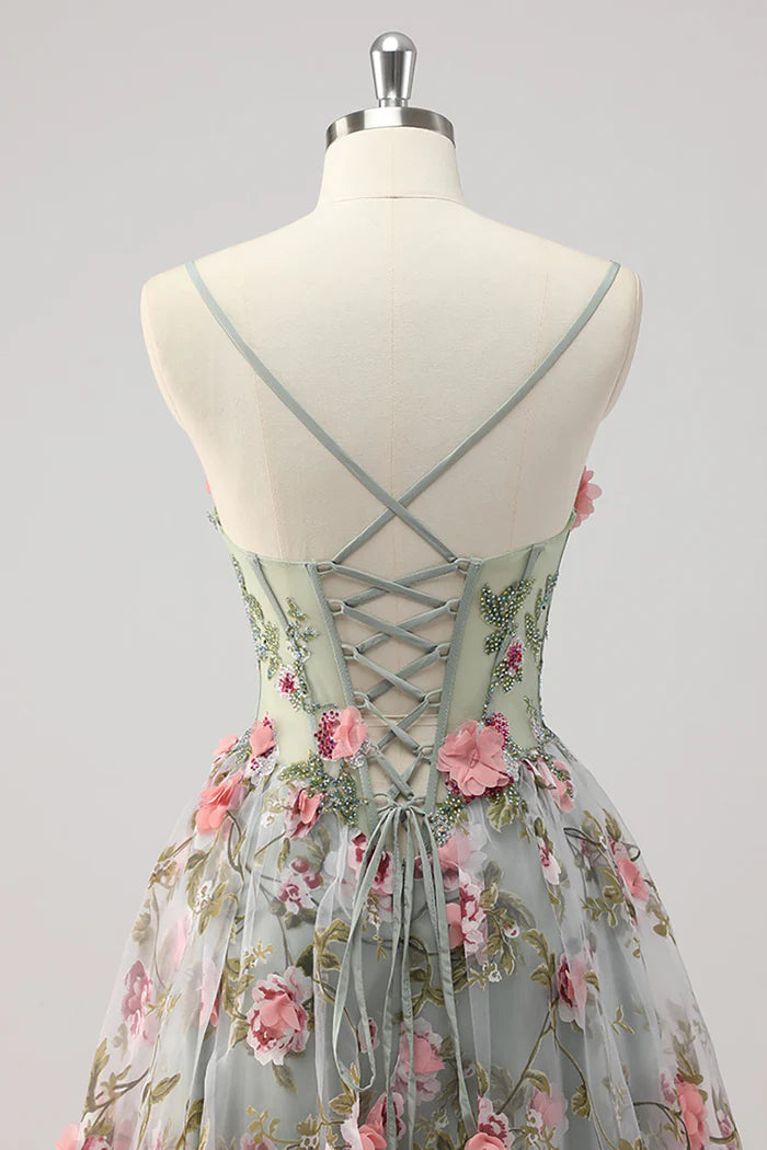 Weitese Dress A Line Grey Green Beaded Corset Sweep/Brush Train Evening Dress With Flowers Prom Dress