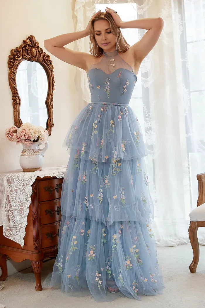 Weitese Dress A Line Halter Grey Blue Plus Size Party Dress With Embroidery Prom Dress