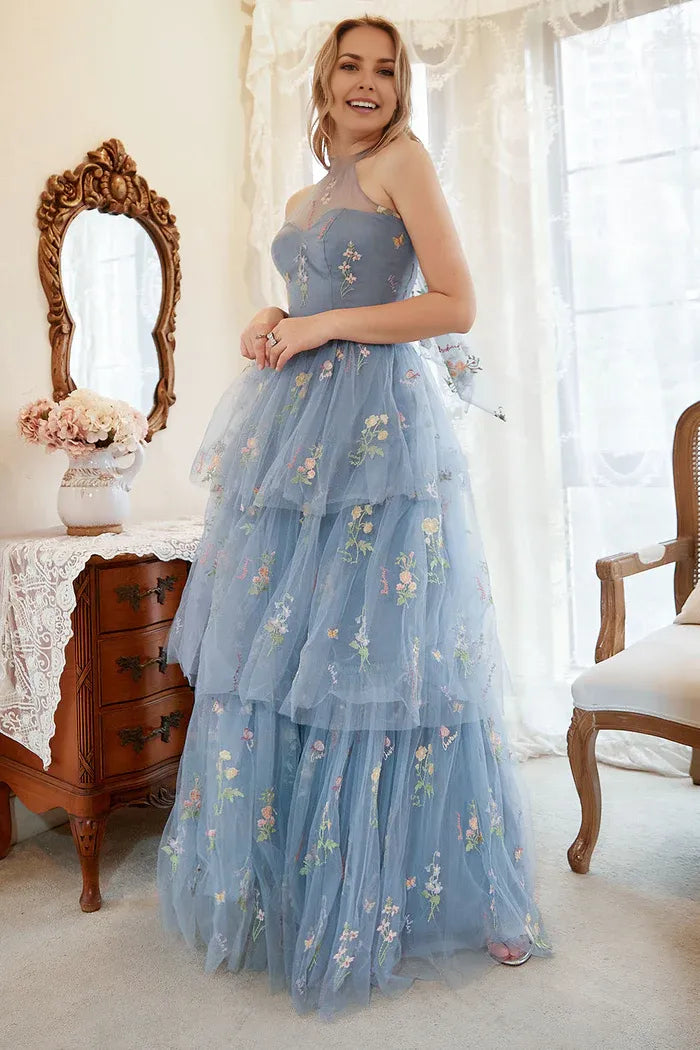Weitese Dress A Line Halter Grey Blue Plus Size Party Dress With Embroidery Prom Dress