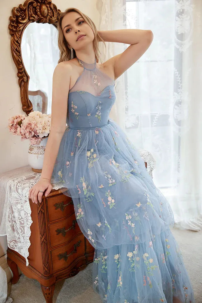 Weitese Dress A Line Halter Grey Blue Plus Size Party Dress With Embroidery Prom Dress