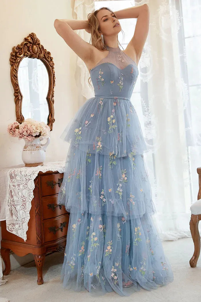 Weitese Dress A Line Halter Grey Blue Plus Size Party Dress With Embroidery Prom Dress