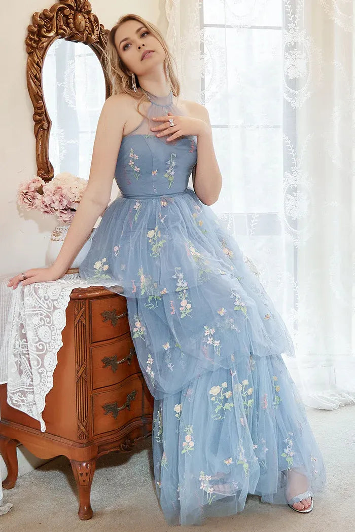 Weitese Dress A Line Halter Grey Blue Plus Size Party Dress With Embroidery Prom Dress