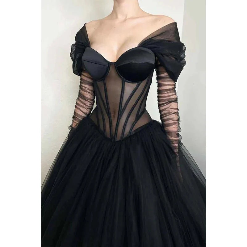 Weitese Dress A Line Illusion Black Tulle Long Sleeves Off Shoulder Formal Evening Gowns Party Dress