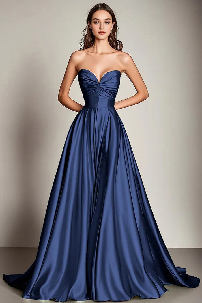 Robe Weitese A Line bleu marine, robe longue plissée en satin sans bretelles, robe de bal sans manches, robe de soirée à lacets 