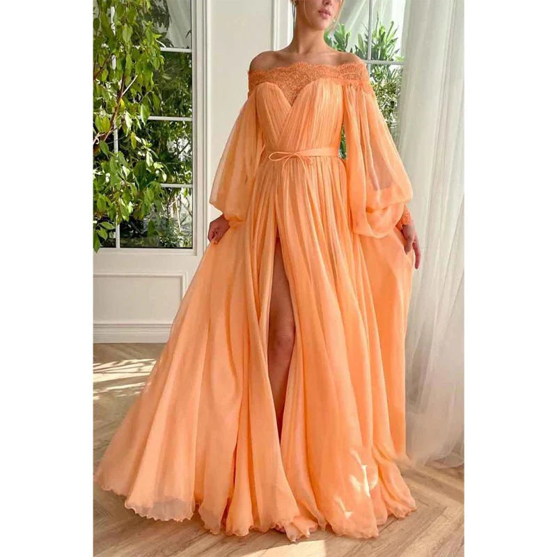 Vestido Weitese de corte A con hombros descubiertos, mangas largas, elegante, largo hasta el suelo, para fiesta de graduación con abertura 