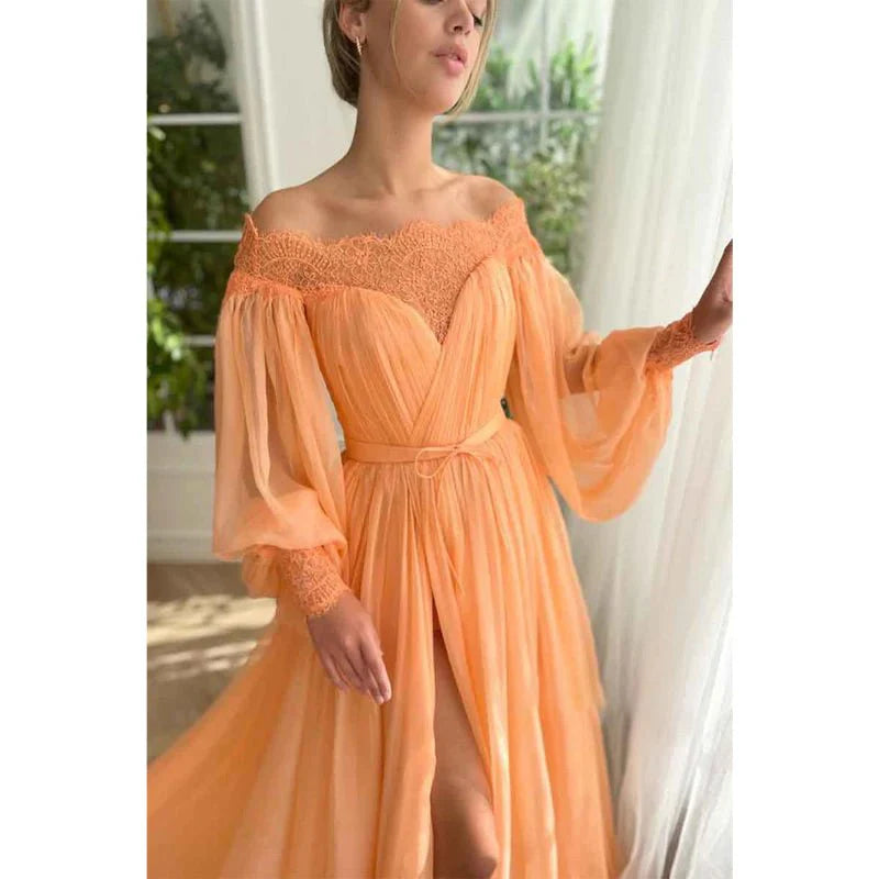 Weitese Dress A Line Off Shoulder Long Sleeves Elegant Floor Length Prom Party Dress With Slit