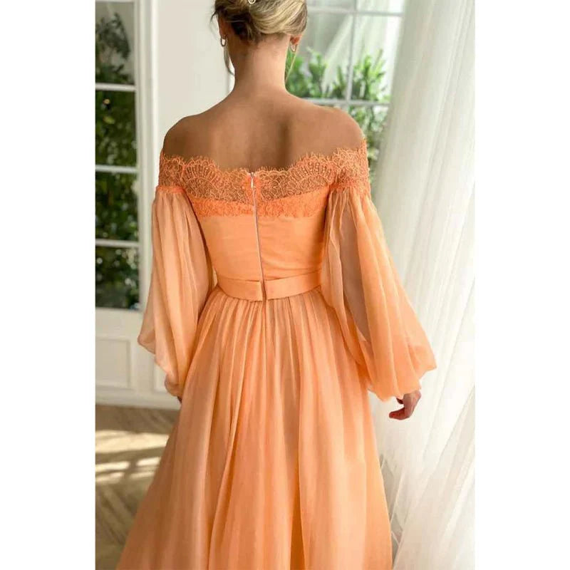 Weitese Dress A Line Off Shoulder Long Sleeves Elegant Floor Length Prom Party Dress With Slit