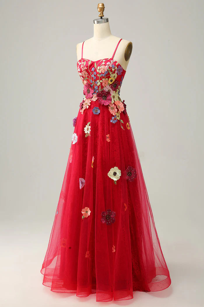 Weitese Dress A Line Spaghetti Straps Burgundy Long Party Dress With Appliques Prom Dress