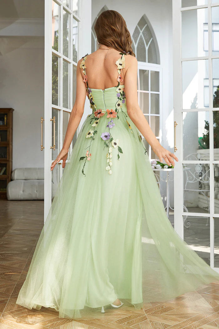 Weitese Dress A Line Spaghetti Straps Green Party Dress With 3D Flowers Prom Dress