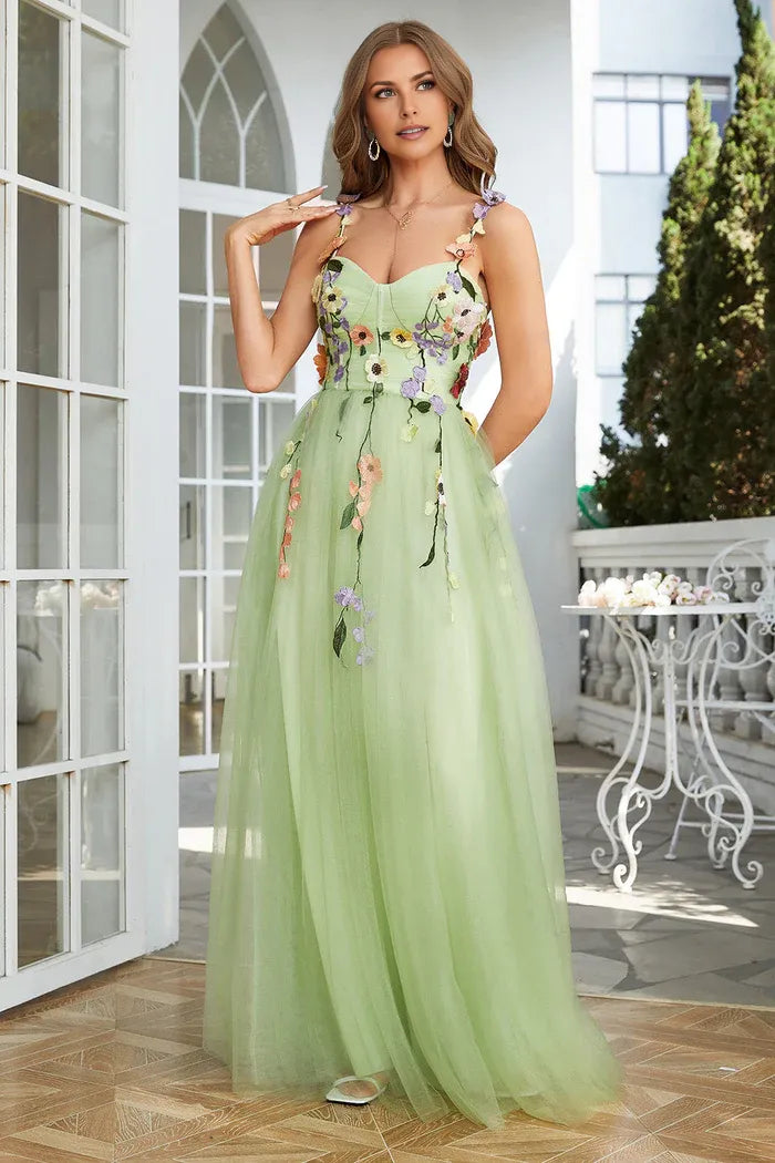 Weitese Dress A Line Spaghetti Straps Green Party Dress With 3D Flowers Prom Dress