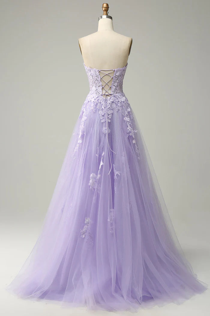 Weitese Dress A Line Spaghetti Straps Long Purple Party Dress With Appliques Prom Dress