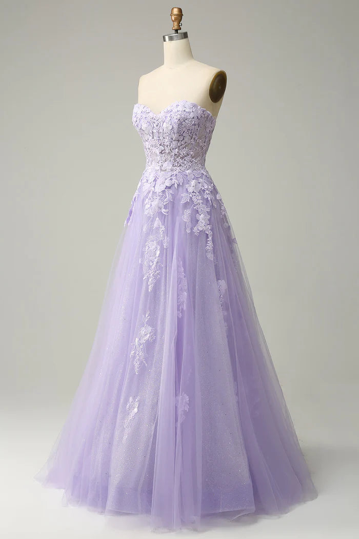 Weitese Dress A Line Spaghetti Straps Long Purple Party Dress With Appliques Prom Dress