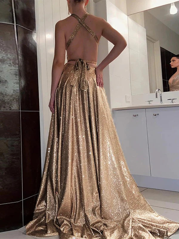 Weitese Dress A Line V-neck Sweep Train Backless Sequined Prom Dresses With Slit Party Dress