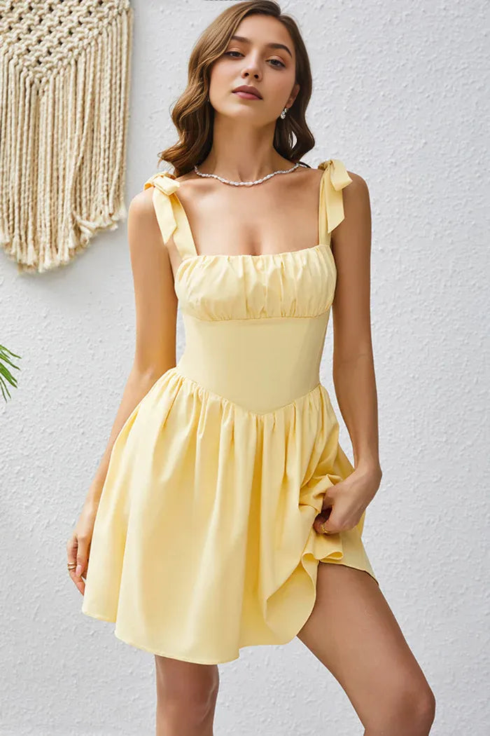 Weitese Dress A Line Yellow Square Neck Short Homecoming Dress Sleeveless Lace Up Party Dress