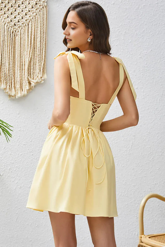 Weitese Dress A Line Yellow Square Neck Short Homecoming Dress Sleeveless Lace Up Party Dress