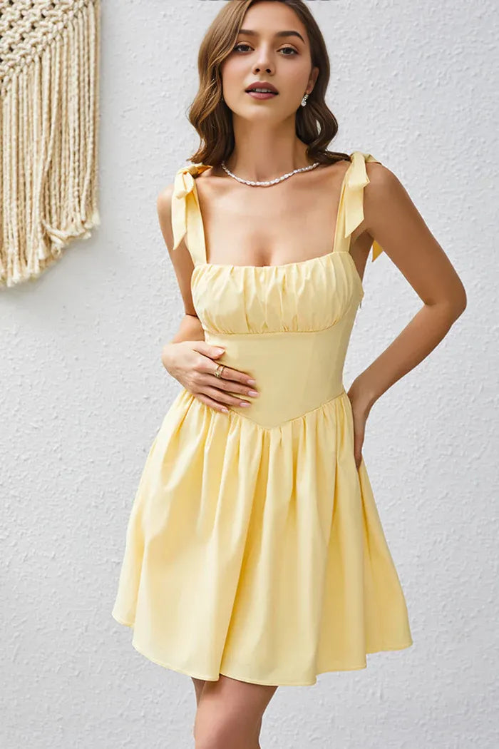 Weitese Dress A Line Yellow Square Neck Short Homecoming Dress Sleeveless Lace Up Party Dress