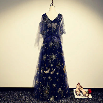 Robe Weitese trapèze bleu marine, col en V, tulle, manches courtes, fermeture éclair, robe de soirée 