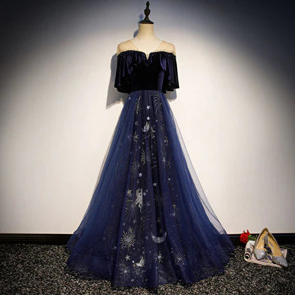 Vestido Weitese de corte A, azul marino, de terciopelo, para fiesta de graduación, sexy, de noche, para fiesta. 