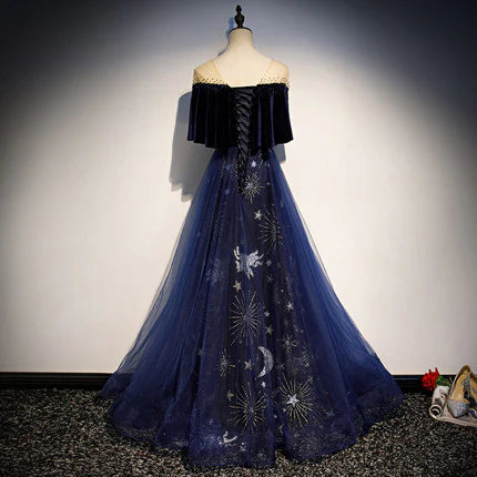 Vestido Weitese de corte A, azul marino, de terciopelo, para fiesta de graduación, sexy, de noche, para fiesta. 