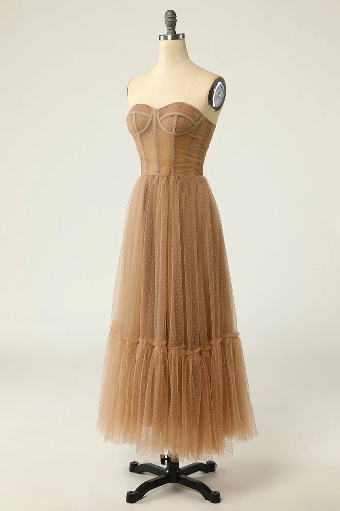 Vestido Weitese, corte A, sin tirantes, largo, de fiesta, con lunares, para graduación.