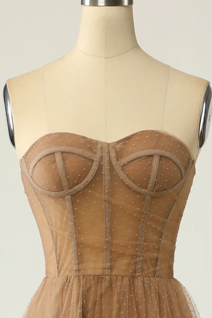 Vestido Weitese, corte A, sin tirantes, largo, de fiesta, con lunares, para graduación.