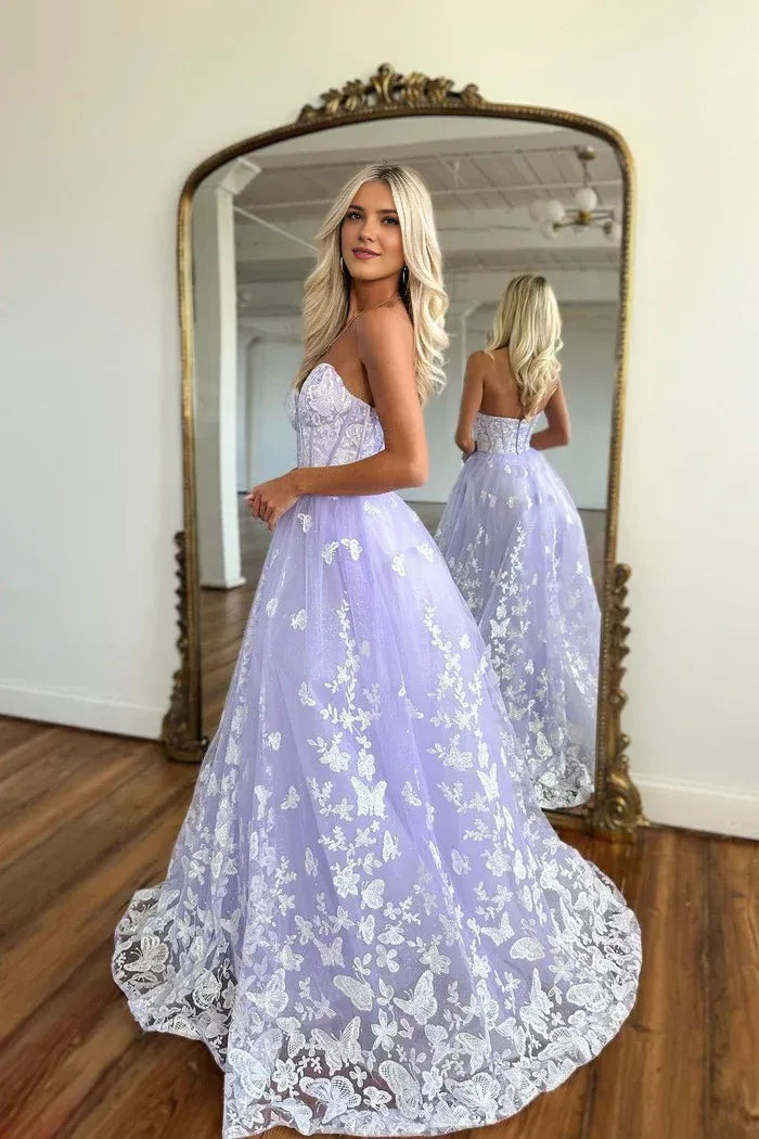 Weitese Dress Amazing Long Lilac A-line Sweetheart Strapless Party Dress With Elegant Lace Details Prom Dress