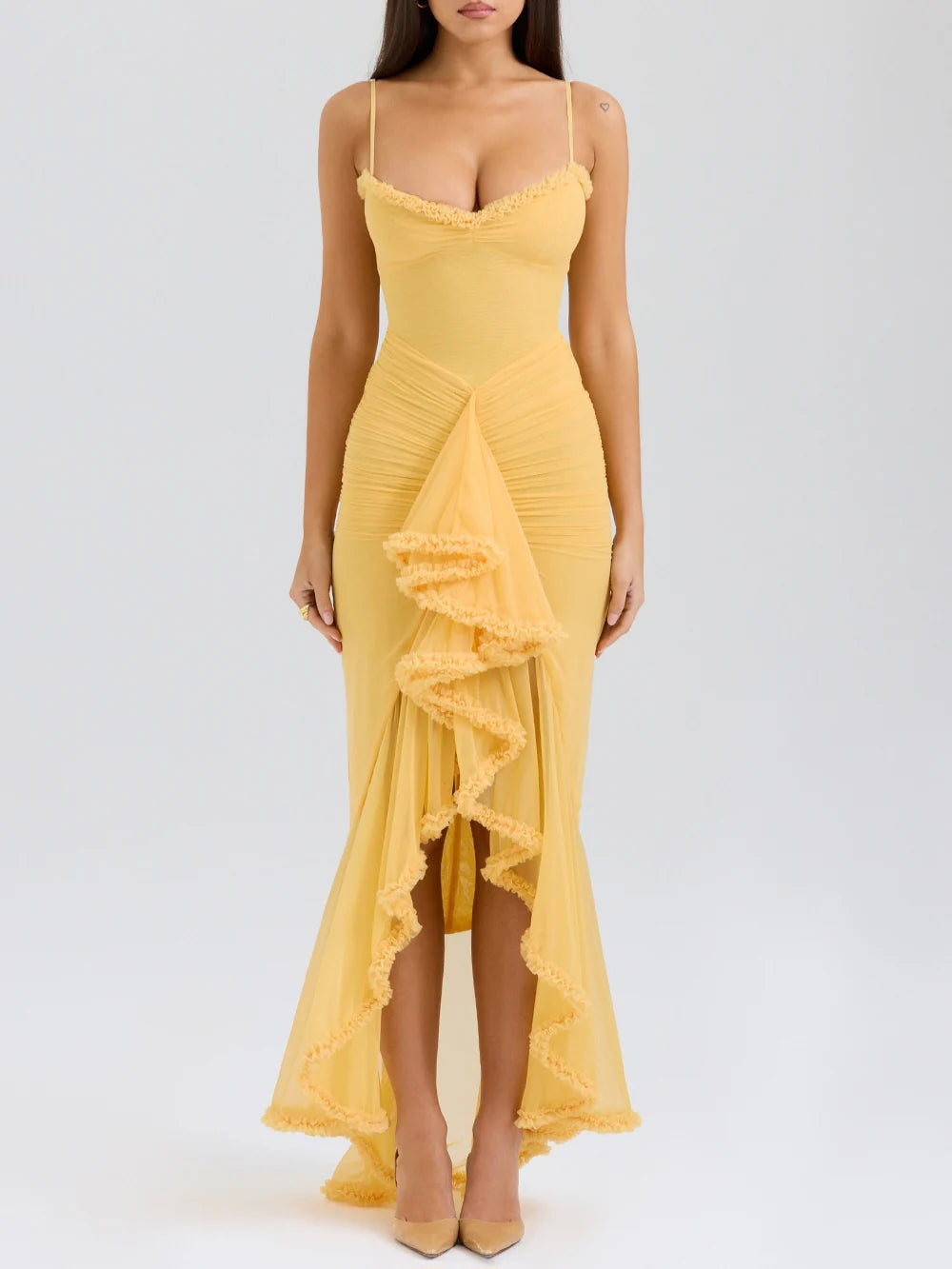 Weitese Dress Apricot Ruffled Front Dress Back zip Prom Dress Spaghetti Straps Asymmetrical Hem Formal Wear Dresses