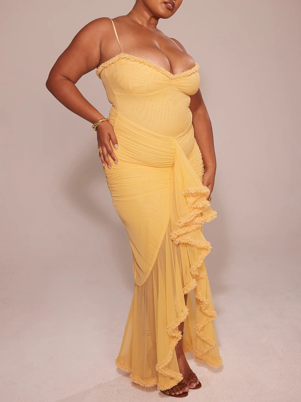 Weitese Dress Apricot Ruffled Front Dress Back zip Prom Dress Spaghetti Straps Asymmetrical Hem Formal Wear Dresses