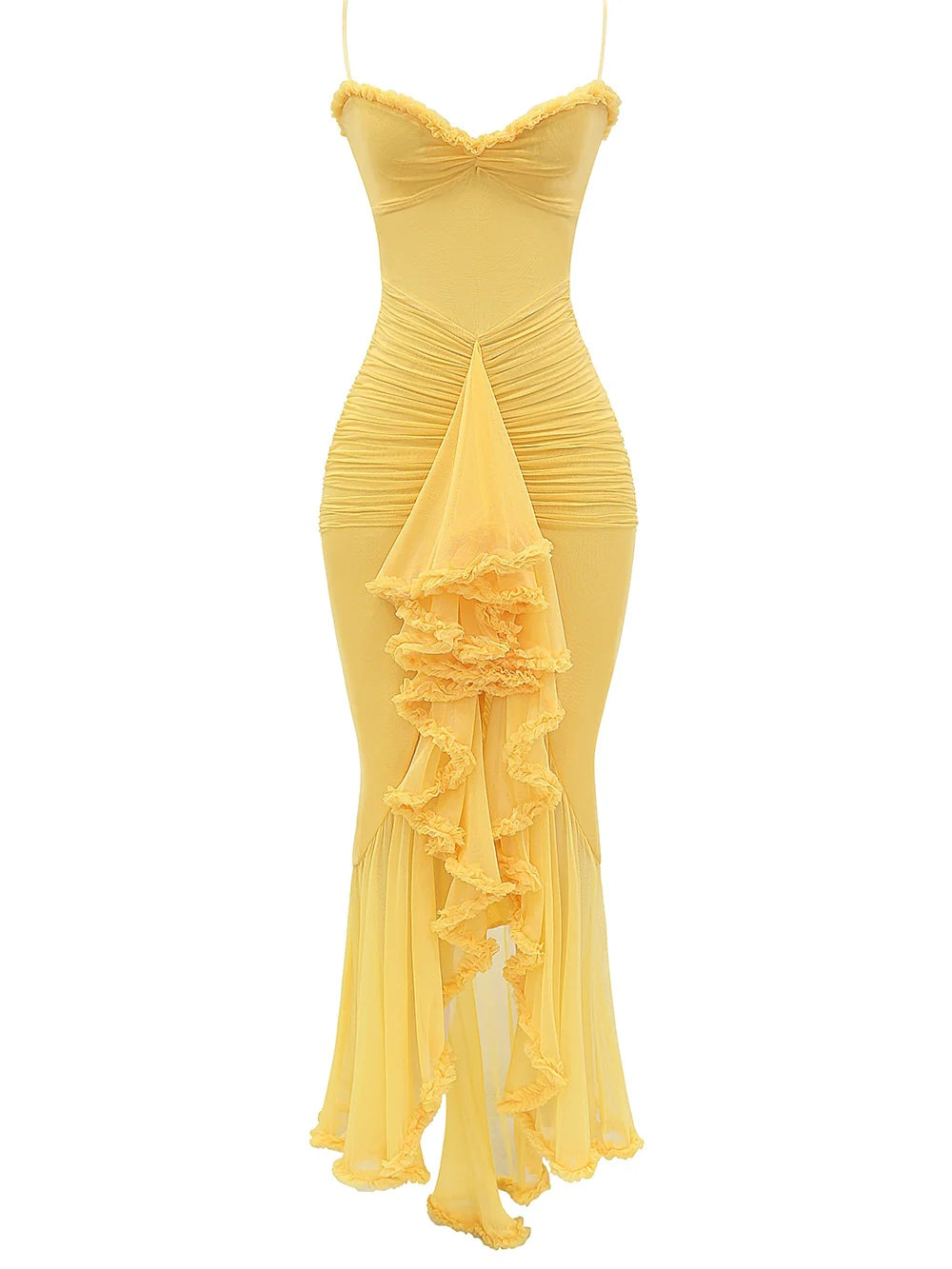 Weitese Dress Apricot Ruffled Front Dress Back zip Prom Dress Spaghetti Straps Asymmetrical Hem Formal Wear Dresses