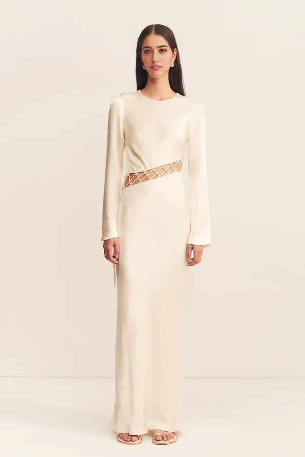 Vestido largo asimétrico con cordones, escote redondo, manga larga, color crema, para fiesta y noche. 