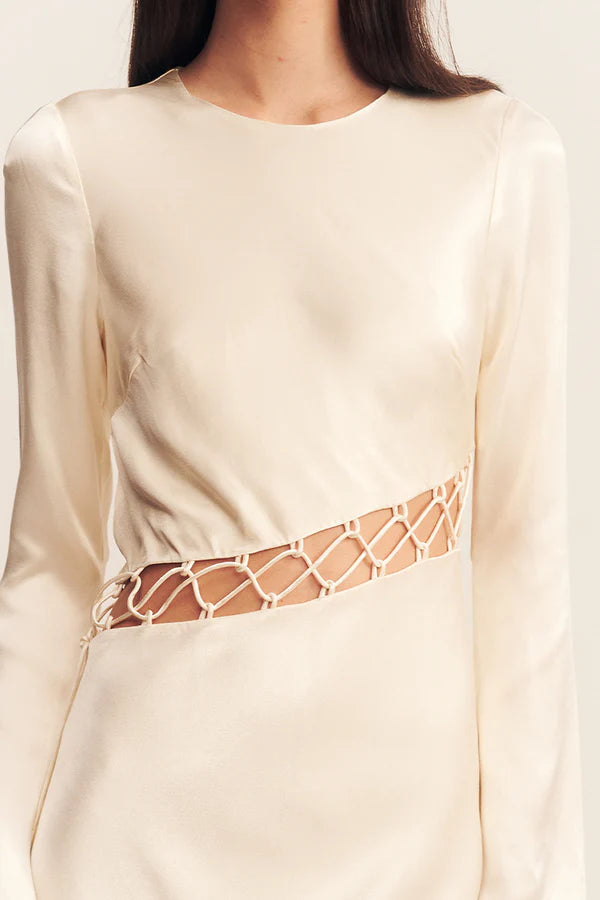 Weitese Dress Asymmetrical Lace Up Maxi Dress Cutout Waist Round Neck Long Sleeves Cream Party Dress Evening Dress