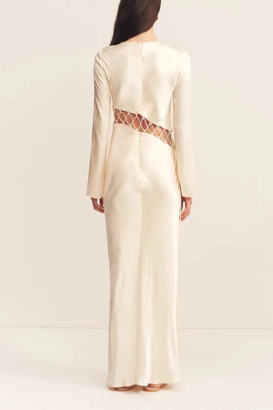 Vestido largo asimétrico con cordones, escote redondo, manga larga, color crema, para fiesta y noche. 