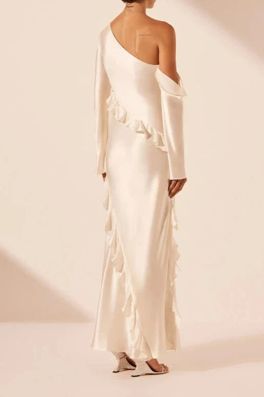 Vestido Weitese asimétrico de manga larga con volantes, vestido largo hasta los tobillos con volantes, vestido de fiesta color marfil, vestido de noche 