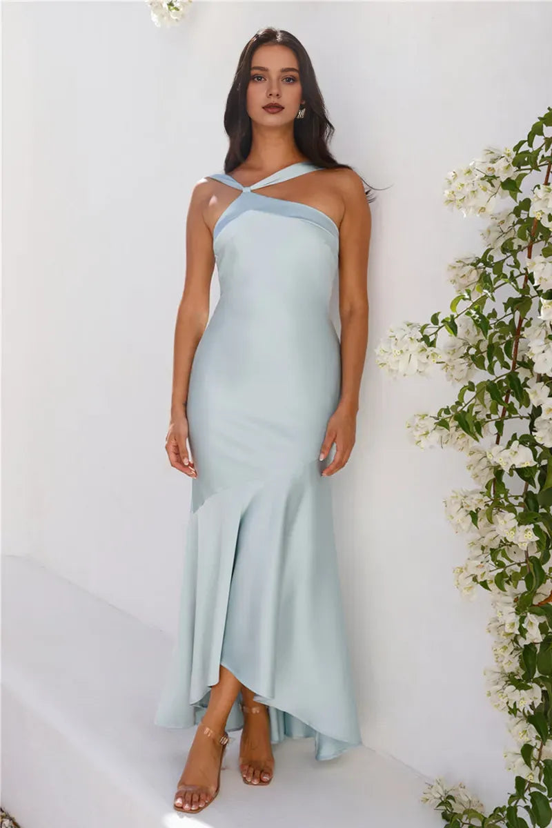 Robe Weitese à col asymétrique, sans manches, moulante, ourlet en queue de poisson, dos nu, en satin, robe de bal longue, bleue 