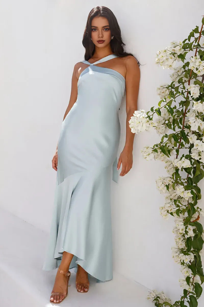 Robe Weitese à col asymétrique, sans manches, moulante, ourlet en queue de poisson, dos nu, en satin, robe de bal longue, bleue 