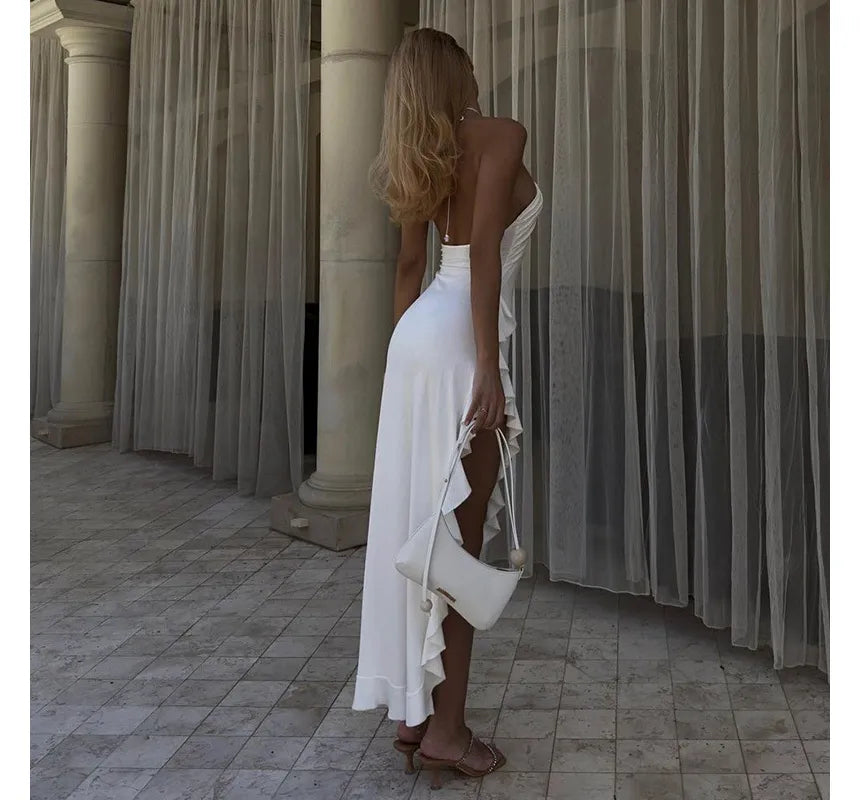 Vestido Athena de Weitese, cuello halter, sin mangas, blanco, con flores tridimensionales y aberturas laterales, volantes, vestido de fiesta. 