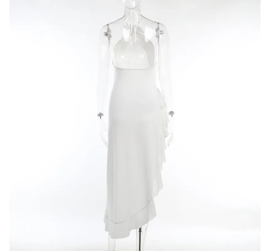 Vestido Athena de Weitese, cuello halter, sin mangas, blanco, con flores tridimensionales y aberturas laterales, volantes, vestido de fiesta. 