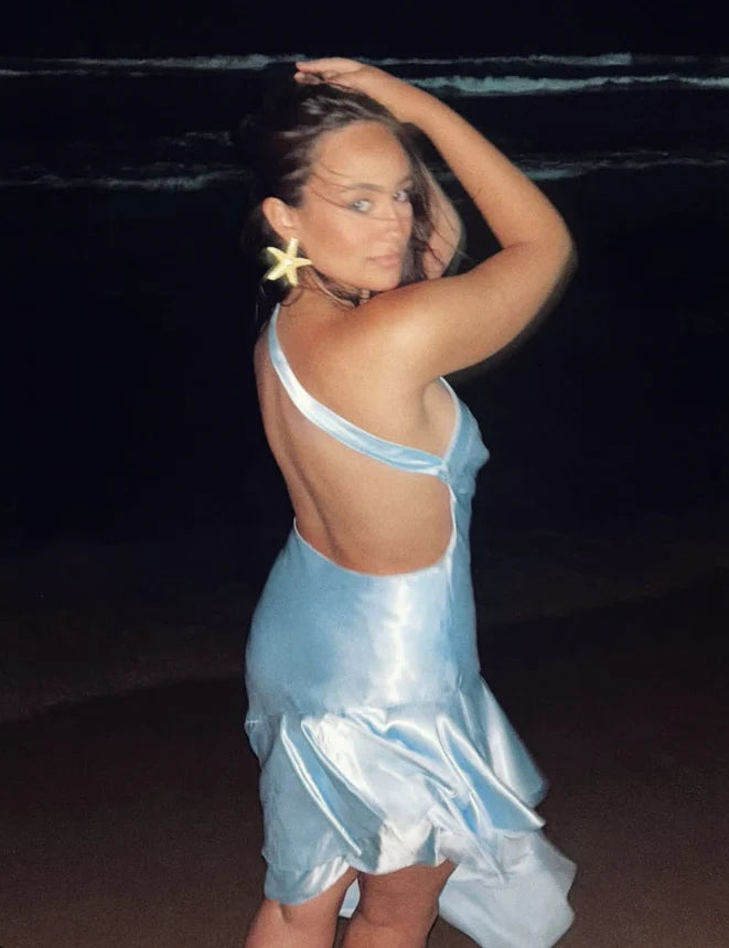 Weitese Dress Baby Blue Mermaid One Shoulder Satin Short Open Back Homecoming Dress Party Dress