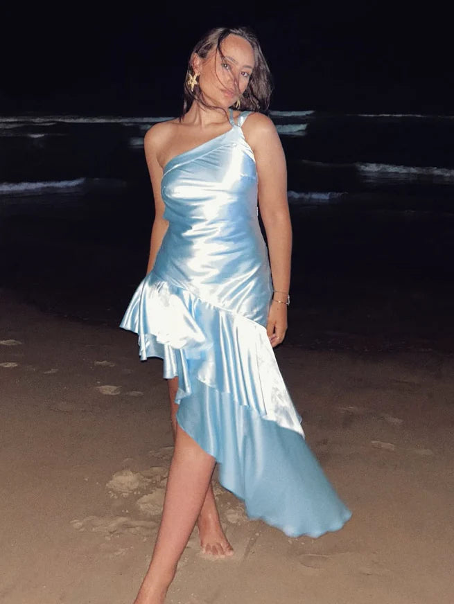 Weitese Dress Baby Blue Mermaid One Shoulder Satin Short Open Back Homecoming Dress Party Dress