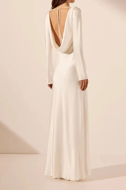 Vestido largo Weitese con espalda descubierta y encaje, abertura en la parte delantera, color marfil, cuello redondo, vestido de fiesta y noche. 